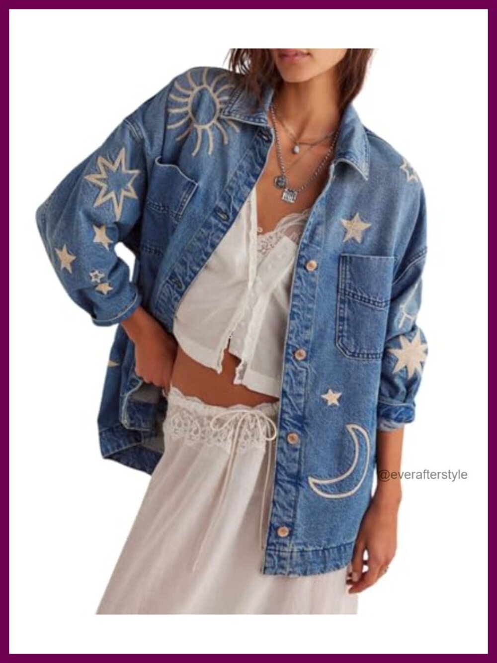 Oversized Denim Jacket Embroidered Button Down Relaxed Fit Jean Coat